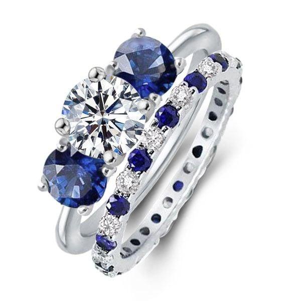 White and Blue Three Stone Round Cut Bridal Set in 925 Sterling Silver