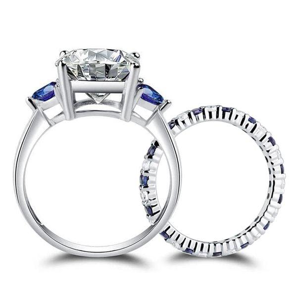 White and Blue Three Stone Round Cut Bridal Set in 925 Sterling Silver