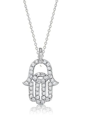 Sterling Silver White Sapphire Evil Eye Hamsa Necklace for Women