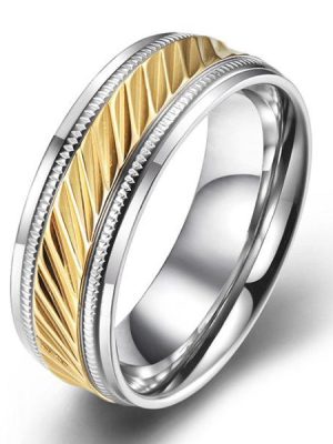 Two-Tone Milgrain Stainless Steel Wedding Band - Silver & Yellow Gold, 7.5mm