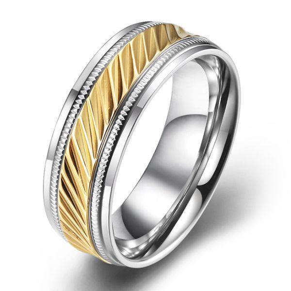 Two-Tone Milgrain Stainless Steel Wedding Band - Silver & Yellow Gold, 7.5mm
