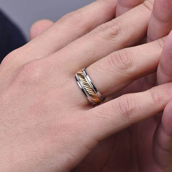 Two-Tone Milgrain Stainless Steel Wedding Band - Silver & Yellow Gold, 7.5mm