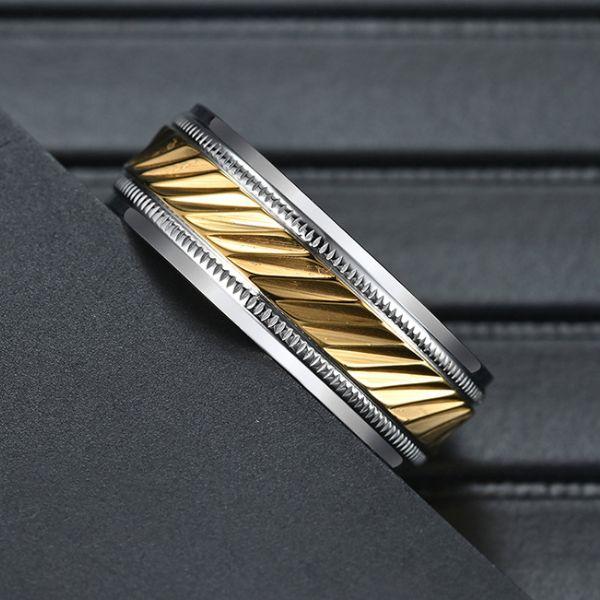 Two-Tone Milgrain Stainless Steel Wedding Band - Silver & Yellow Gold, 7.5mm