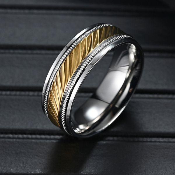 Two-Tone Milgrain Stainless Steel Wedding Band - Silver & Yellow Gold, 7.5mm