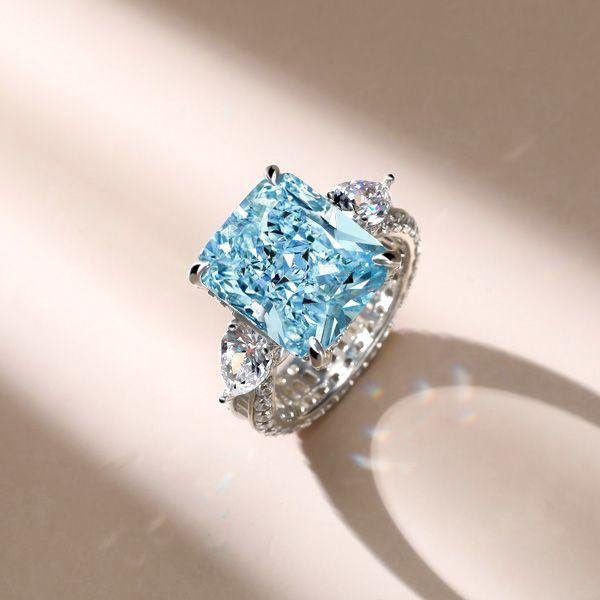 Radiant Cut Aquamarine Three Stone Engagement Ring - Sterling Silver