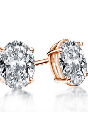 Rose Gold Oval Stud Earrings for Women - 18K Plated Sterling Silver Solitaire