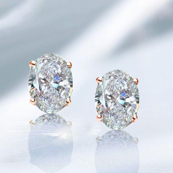 Rose Gold Oval Stud Earrings for Women - 18K Plated Sterling Silver Solitaire