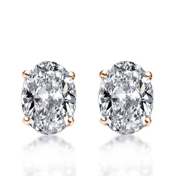 Rose Gold Oval Stud Earrings for Women - 18K Plated Sterling Silver Solitaire