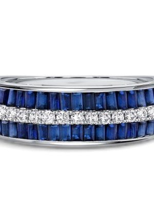 Emerald Cut Blue Sapphire Channel Set Wedding Band in 925 Sterling Silver