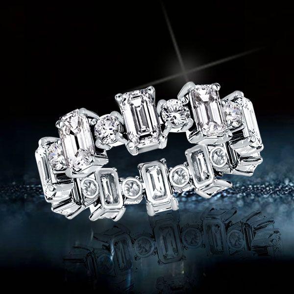 Emerald & Round Cubic Zirconia Eternity Band in Sterling Silver