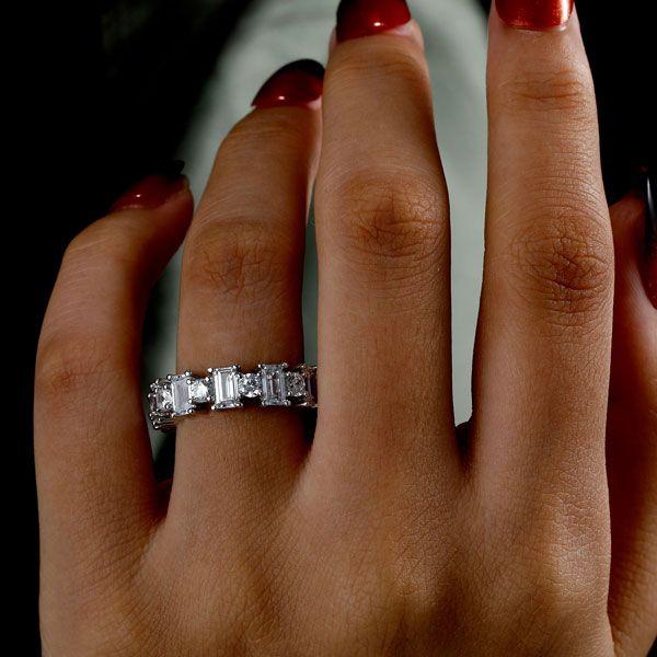 Emerald & Round Cubic Zirconia Eternity Band in Sterling Silver