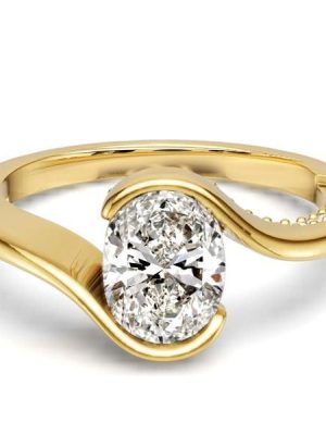 Oval Cut Engagement Ring for Women in 18K Gold Plated Sterling Silver with Half Bezel Setting