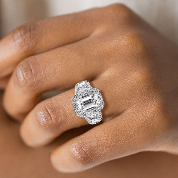 Emerald & White Sapphire Halo Engagement Ring - Sterling Silver