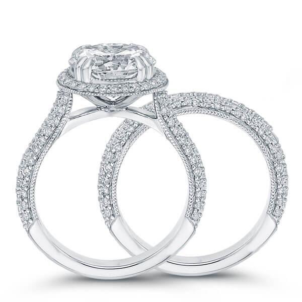 Elegant 3-Row Milgrain Halo White Sapphire Bridal Set - Sterling Silver