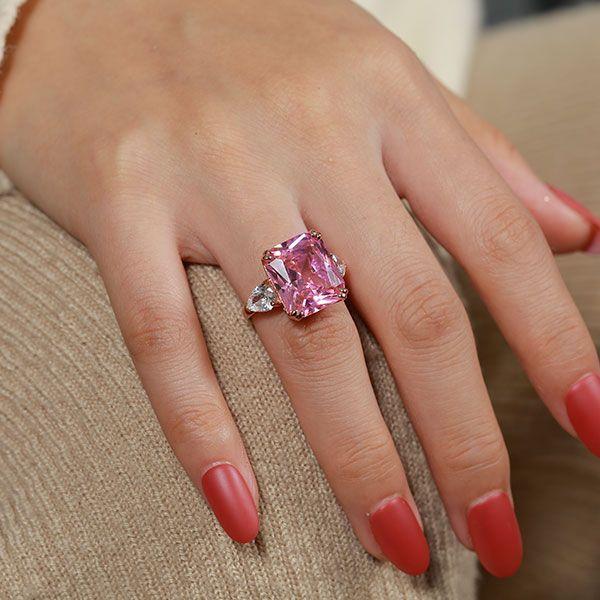 Radiant Cut Pink Engagement Ring - 18K Rose Gold Plated Sterling Silver