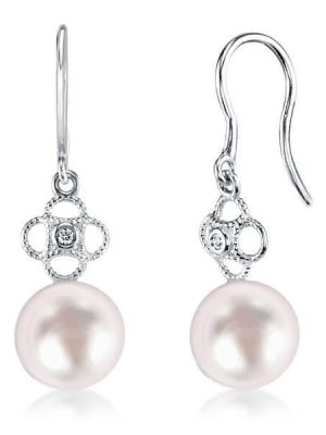 Clover Floral Pearl Drop Earrings - 925 Sterling Silver, Natural White Pearl