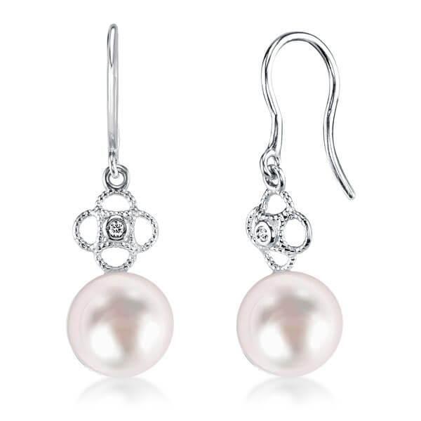 Clover Floral Pearl Drop Earrings - 925 Sterling Silver, Natural White Pearl