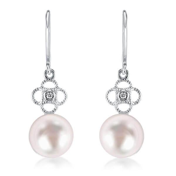 Clover Floral Pearl Drop Earrings - 925 Sterling Silver, Natural White Pearl