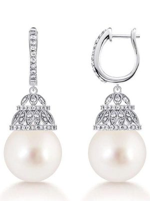 White Pearl Basket Drop Earrings for Women in Rhodium-Plated 925 Sterling Silver