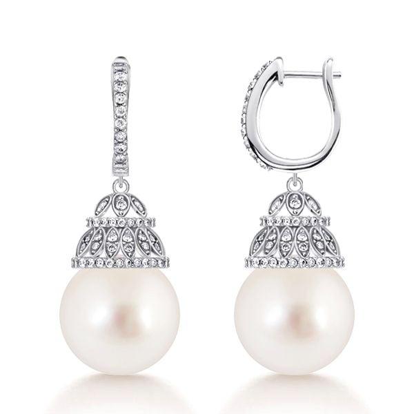 White Pearl Basket Drop Earrings for Women in Rhodium-Plated 925 Sterling Silver