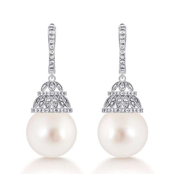 White Pearl Basket Drop Earrings for Women in Rhodium-Plated 925 Sterling Silver