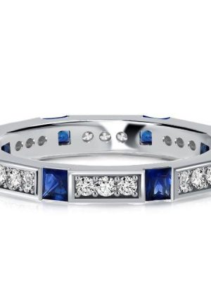 Modern Princess Cut Blue Sapphire Wedding Band in Sterling Silver