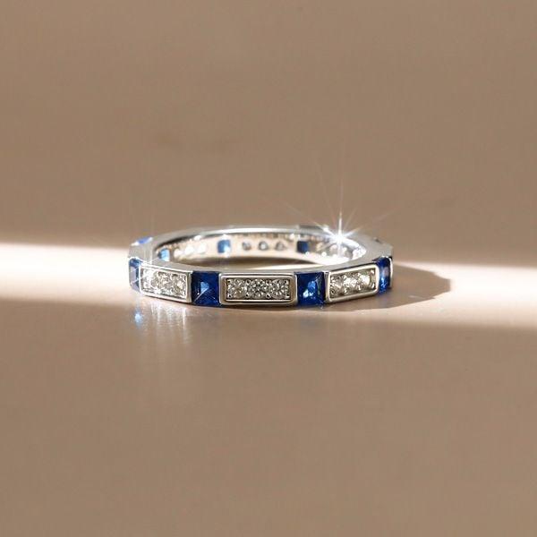 Modern Princess Cut Blue Sapphire Wedding Band in Sterling Silver