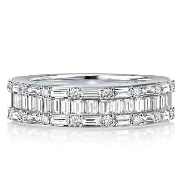 Triple Row Baguette Cubic Zirconia Wedding Band in Rhodium-Plated Sterling Silver