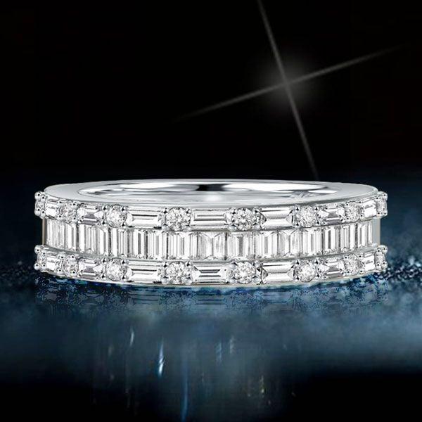 Triple Row Baguette Cubic Zirconia Wedding Band in Rhodium-Plated Sterling Silver