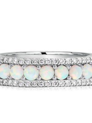 Triple Row Opal & White CZ Eternity Wedding Band - Sterling Silver