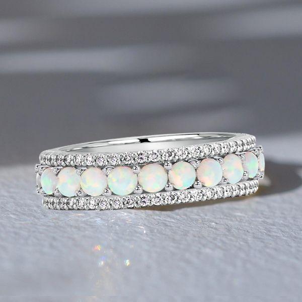 Triple Row Opal & White CZ Eternity Wedding Band - Sterling Silver