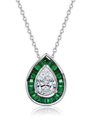 Pear Cut Emerald & Sapphire Halo Pendant Necklace in Sterling Silver