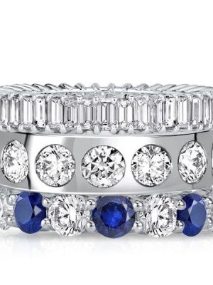 Blue Sapphire Stackable Band Set - Sterling Silver Baguette & Round Cut Rings