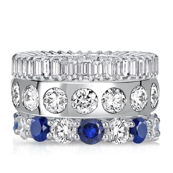 Blue Sapphire Stackable Band Set - Sterling Silver Baguette & Round Cut Rings