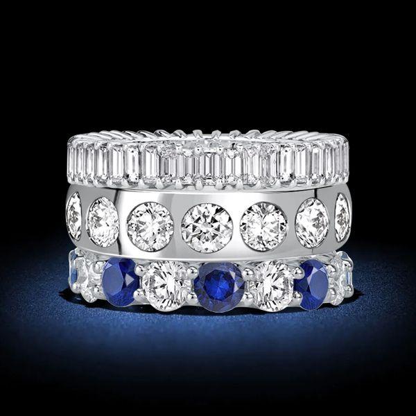 Blue Sapphire Stackable Band Set - Sterling Silver Baguette & Round Cut Rings