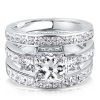 Three Stone White Sapphire Wedding Set - Sterling Silver 3PC Bridal Ring Set