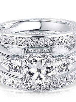 Three Stone White Sapphire Wedding Set - Sterling Silver 3PC Bridal Ring Set