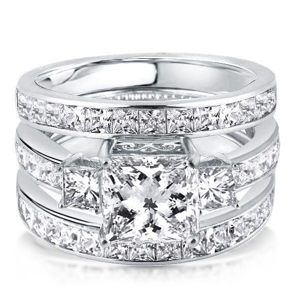 Three Stone White Sapphire Wedding Set - Sterling Silver 3PC Bridal Ring Set