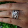 Three Stone White Sapphire Wedding Set - Sterling Silver 3PC Bridal Ring Set