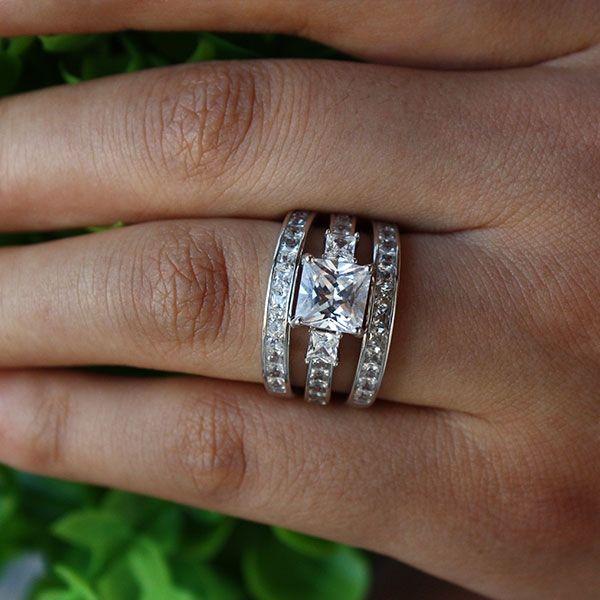 Three Stone White Sapphire Wedding Set - Sterling Silver 3PC Bridal Ring Set
