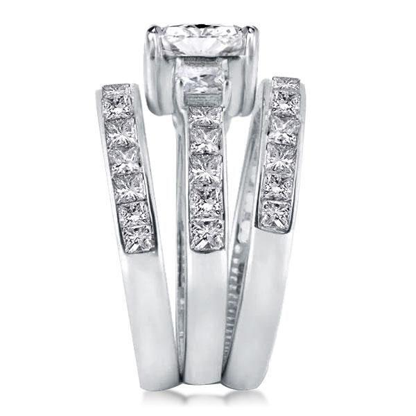 Three Stone White Sapphire Wedding Set - Sterling Silver 3PC Bridal Ring Set
