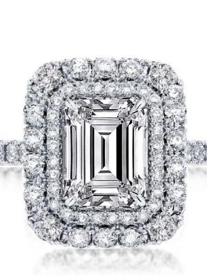 Double Halo Emerald Engagement Ring - Sterling Silver, 3 Carat Center Stone
