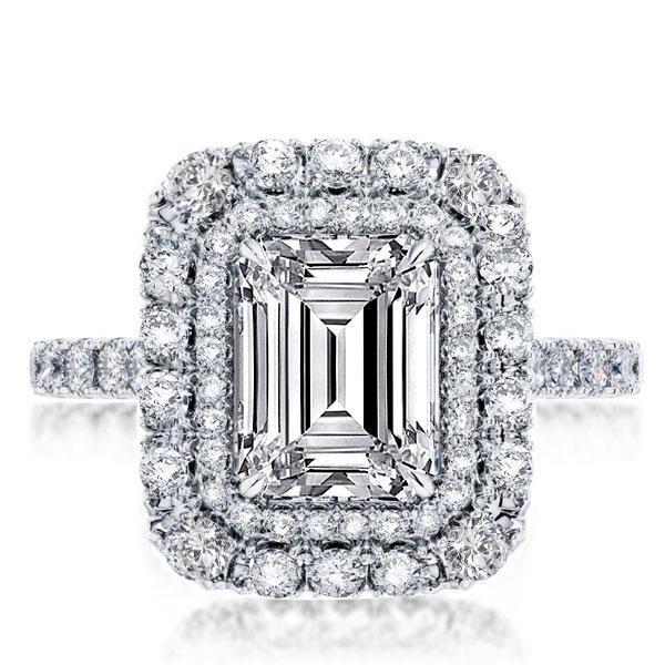 Double Halo Emerald Engagement Ring - Sterling Silver, 3 Carat Center Stone