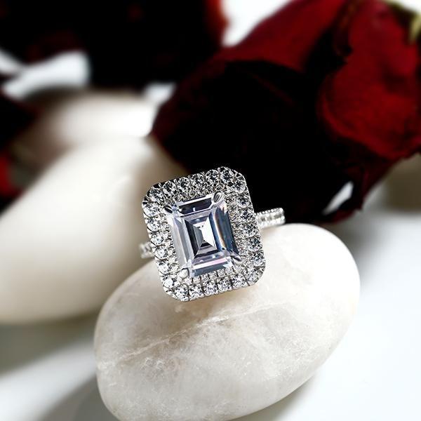 Double Halo Emerald Engagement Ring - Sterling Silver, 3 Carat Center Stone