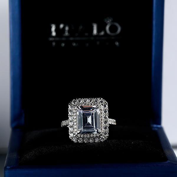 Double Halo Emerald Engagement Ring - Sterling Silver, 3 Carat Center Stone