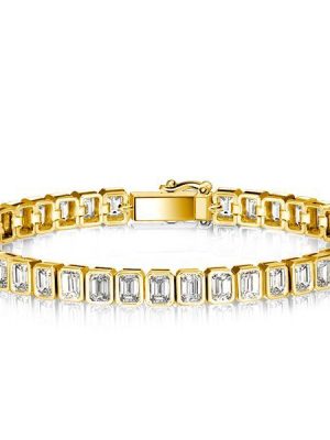 Gold Bezel Emerald Cut White Sapphire Tennis Bracelet - 18K Gold Plated Sterling Silver