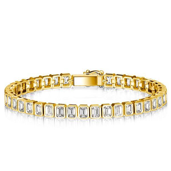 Gold Bezel Emerald Cut White Sapphire Tennis Bracelet - 18K Gold Plated Sterling Silver