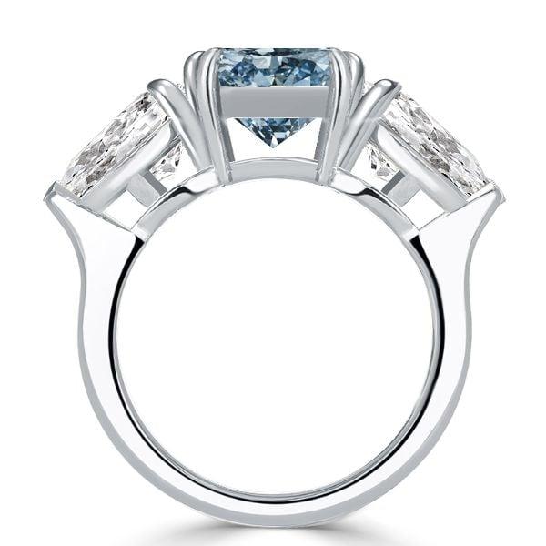 Three Stone Emerald Blue Topaz Engagement Ring in Rhodium Plated Sterling Silver