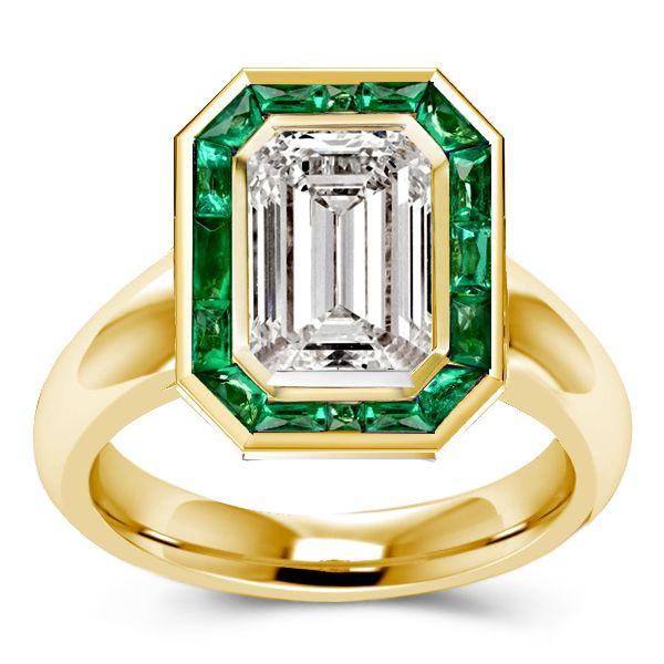 Halo Emerald Cut Engagement Ring - 2.75 CT Solitaire - Bezel Setting - 18K Gold Plated Sterling Silver