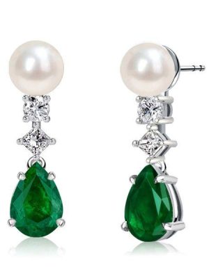 Pear Cut Emerald Green Pearl Drop Earrings in Sterling Silver